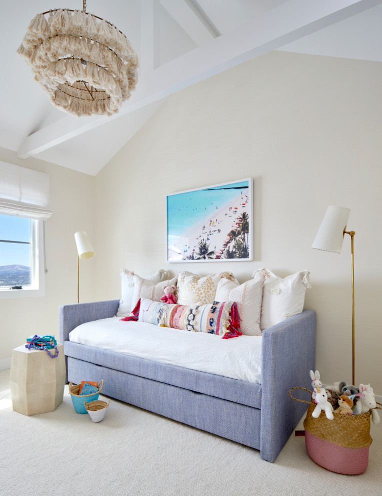 Mid-sized and bedroom farmhouse girl carpeted and white floor kids' bedroom photo in San Francisco with white walls