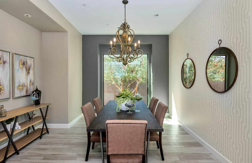 Mid-sized transitional ceramic tile and gray floor dining room photo in Phoenix with gray walls and no fireplace
