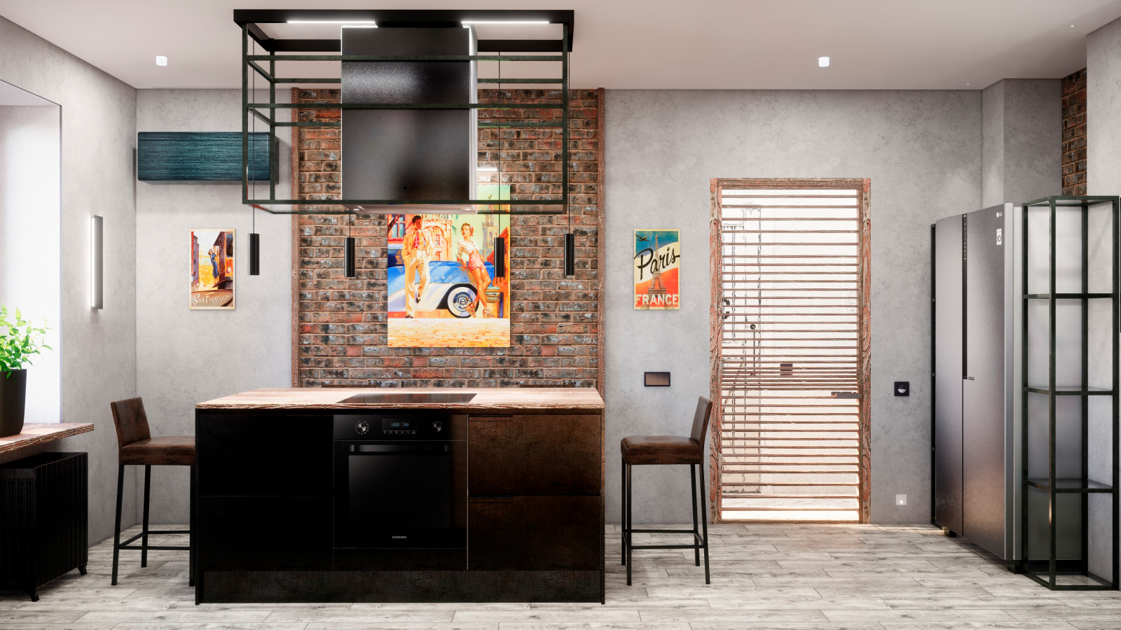 Квартира в Москве в стиле лофт, кухня, холл, санузел, кладовая. 2020 г.