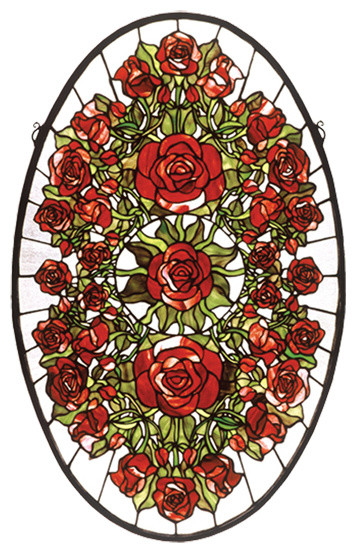 22"Wx35"H Oval Rose Garden Stained Glass Window