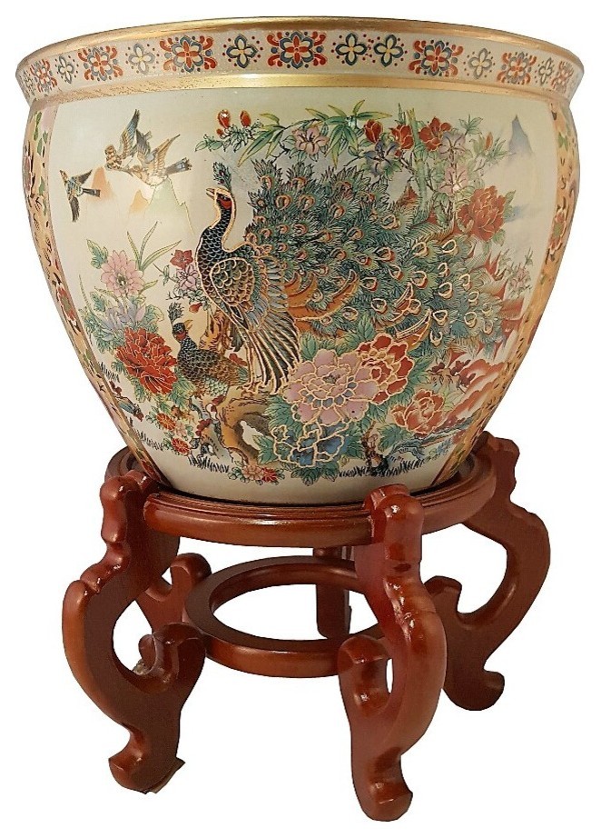 Chinese Porcelain Fish Bowl Planter, Satsuma Peacocks - Asian - Outdoor