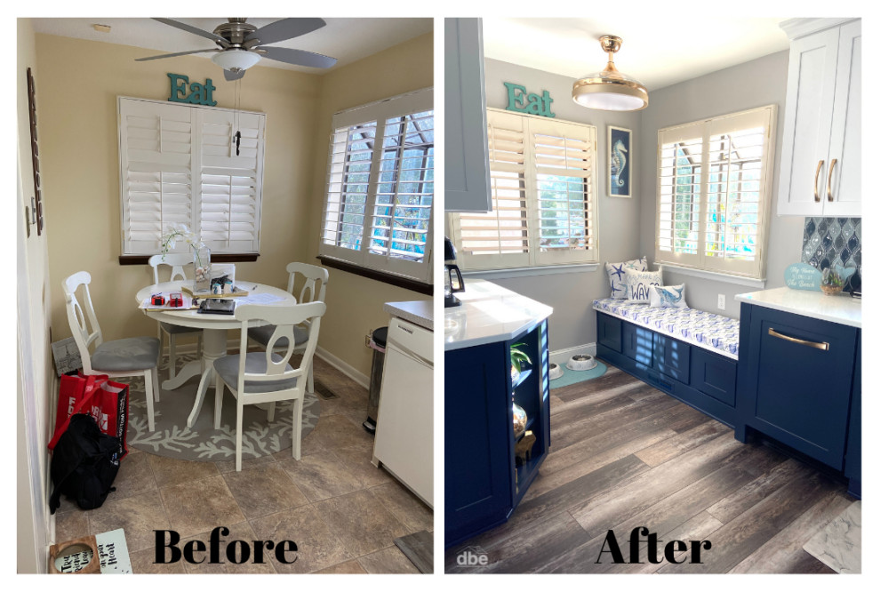 Kitchen pantry - mid-sized coastal l-shaped vinyl floor and multicolored floor kitchen pantry idea with a farmhouse sink, shaker cabinets, blue cabinets, quartz countertops, multicolored backsplash, glass tile backsplash, stainless steel appliances, no island and white countertops