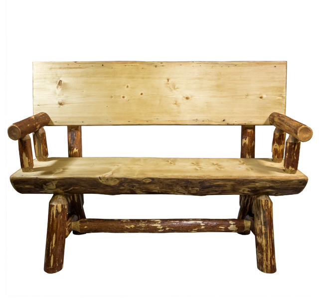 Glacier Country Half Log Bench With Back Arms Exterior Stain Glacier Country Half Log Bench With Back Arms Exterior Stain Finish