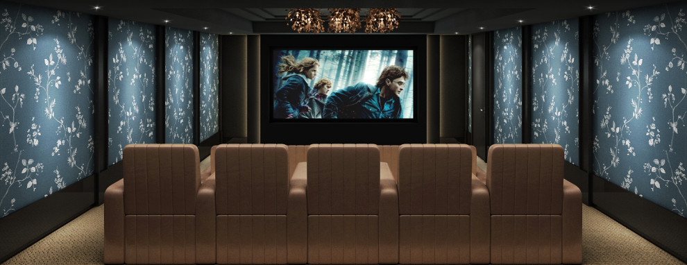 Design ideas for a medium sized contemporary enclosed home cinema in New York with blue walls, carpet, a projector screen and brown floors.