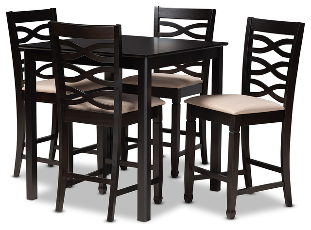 Miley Sand Fabric Upholstered Espresso Brown 5-Piece Wood Pub Set