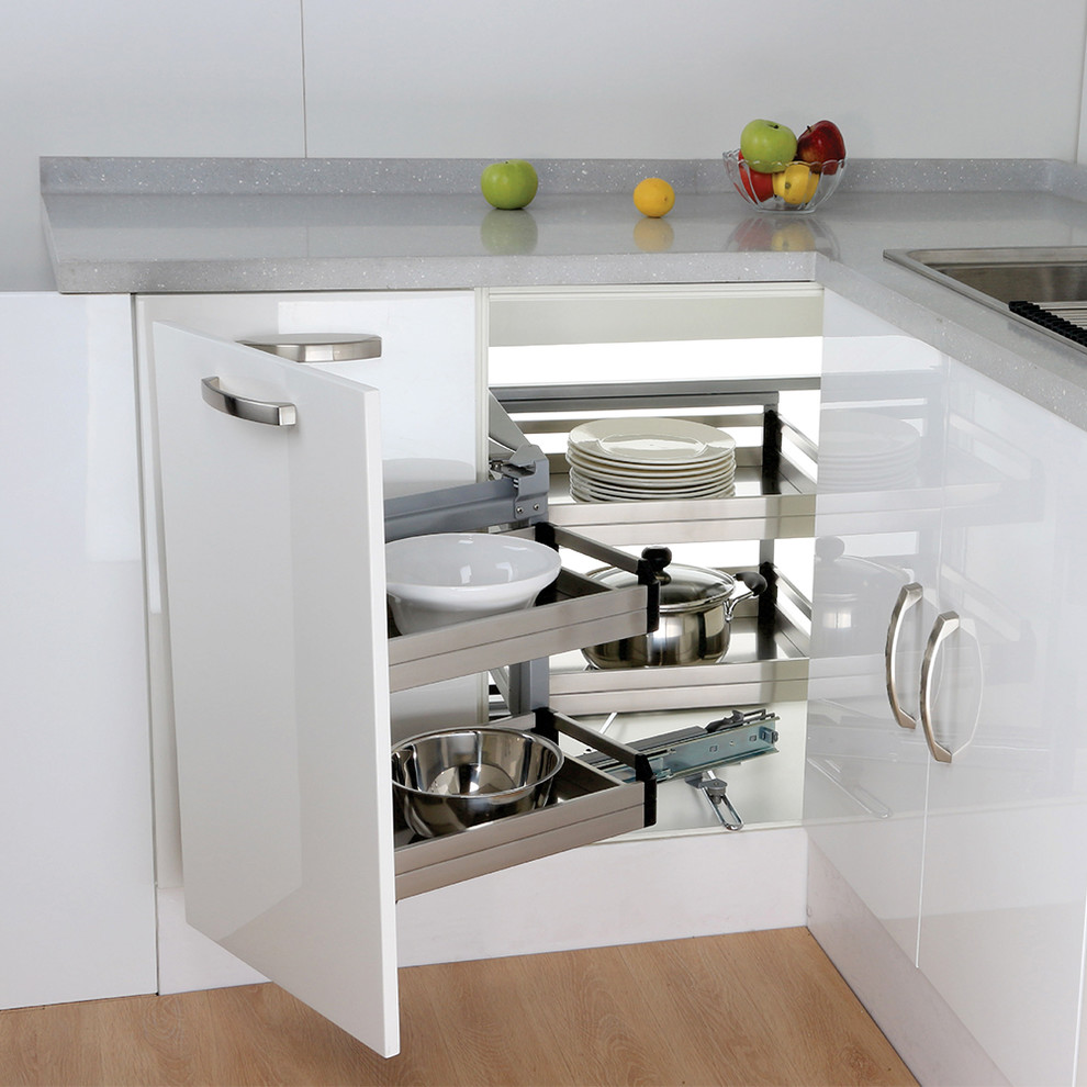 Modern kitchen in Melbourne with white cabinets, white splashback and ceramic splashback.