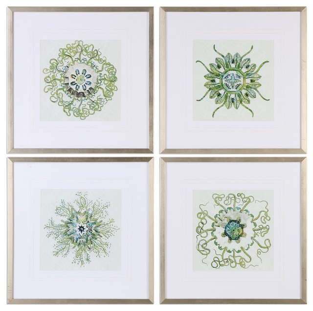 Botanical Mandala Wall Art Set 4 Piece Of Group Green Silver Frame Square Contemporary Prints And Posters By My Sy Home Houzz - Wall Decor Sets 4