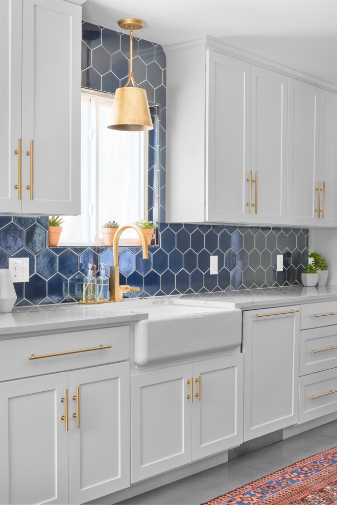 Hex Tile Backsplash In Glossy Navy Blue Transitional Kitchen