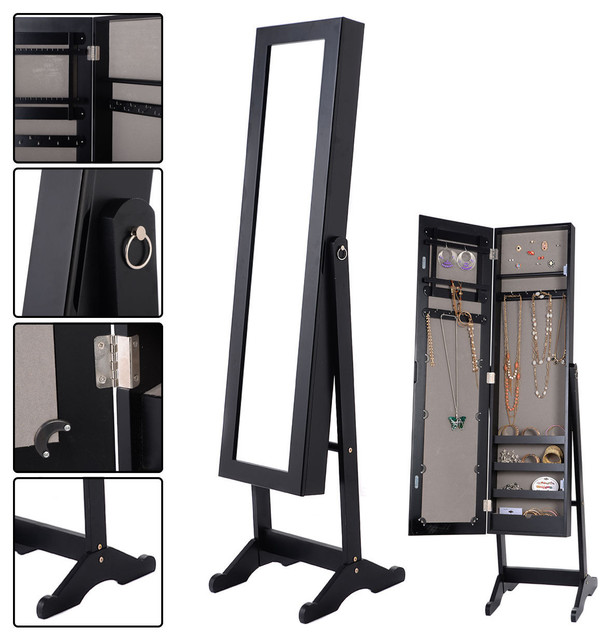 Costway Mirrored Jewelry Cabinet Mirror Organizer Storage Box Ring W Stand