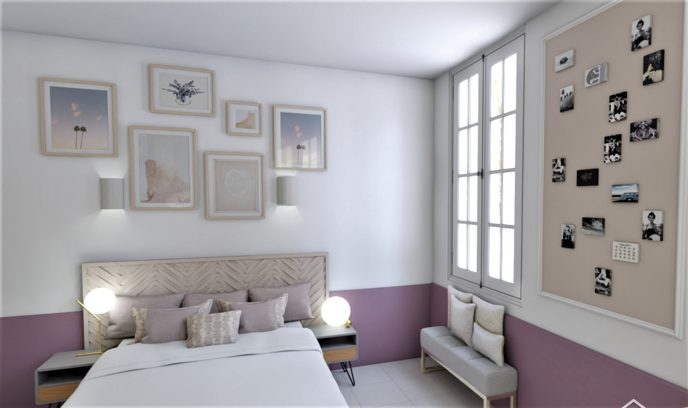 Mid-sized arts and crafts master bedroom in Toulouse with purple walls, a standard fireplace, a stone fireplace surround, white floor and decorative wall panelling.