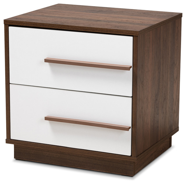 Kaila MidCentury Modern TwoTone White and Walnut 2Drawer Wood Nightstand Contemporary