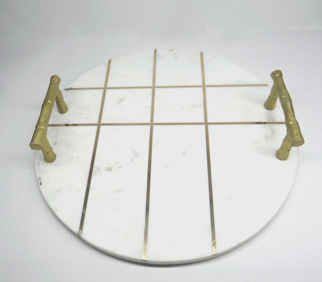Round Marble White Tray with Gold Handles and Inlay Strips