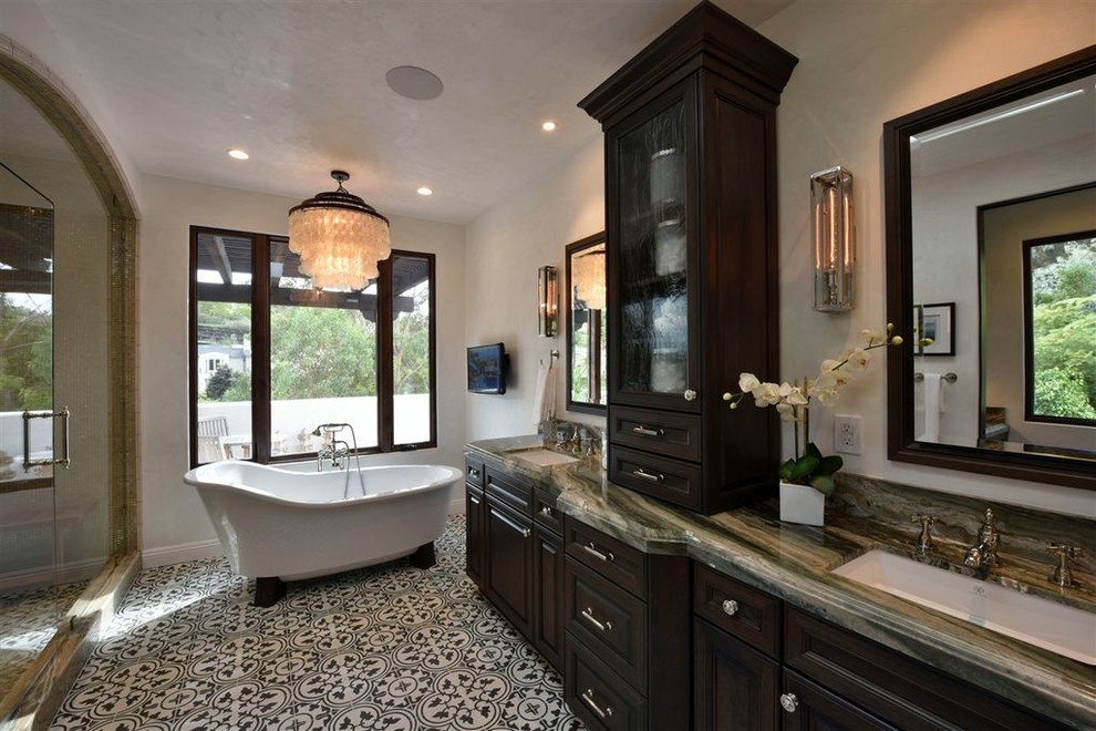 This is an example of a mid-sized contemporary master bathroom in San Diego with white tile, white walls and white floor.