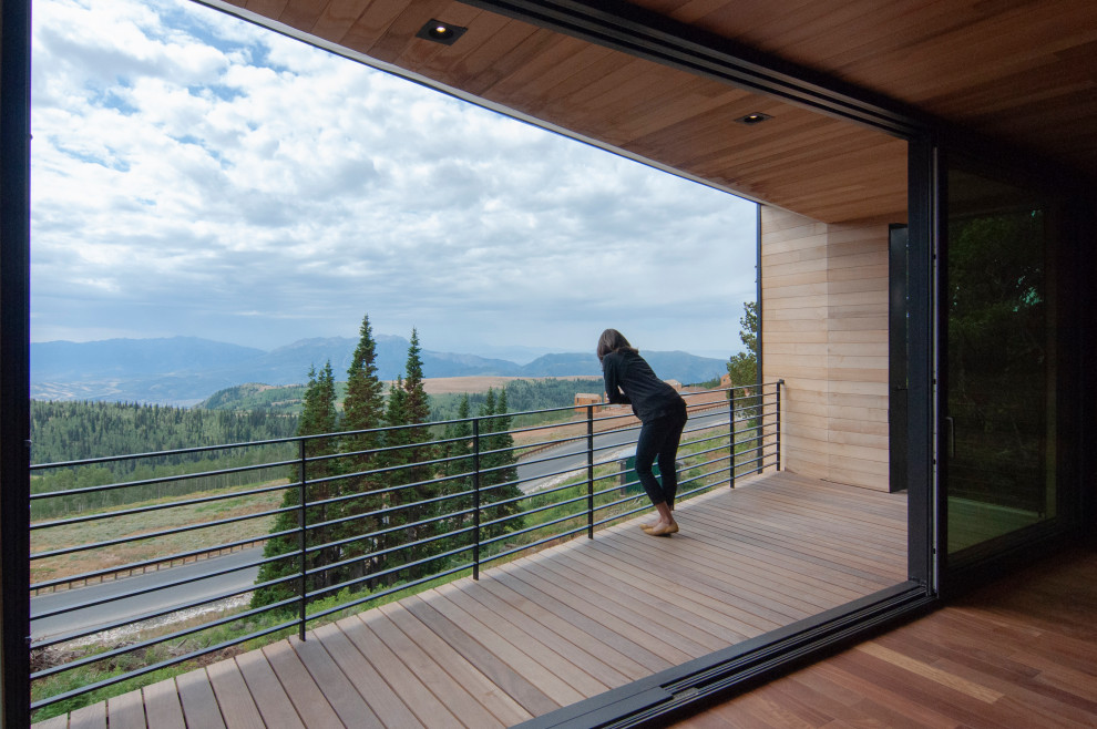 Inspiration for a modern first floor and rooftop deck in Salt Lake City with a roof extension, with privacy feature and metal railing.