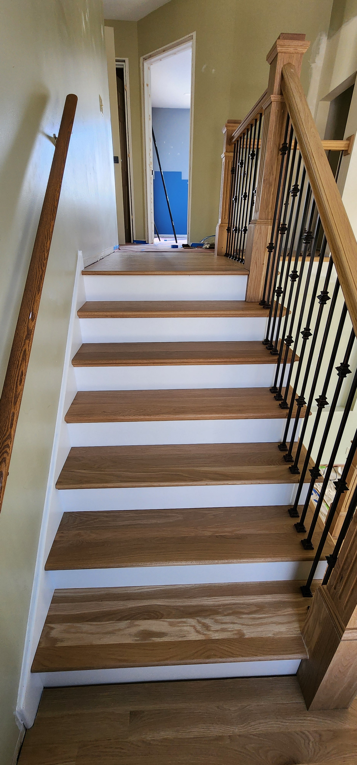 Opened Walls & Stringers, Box Newel White Oak Staircase with Iron