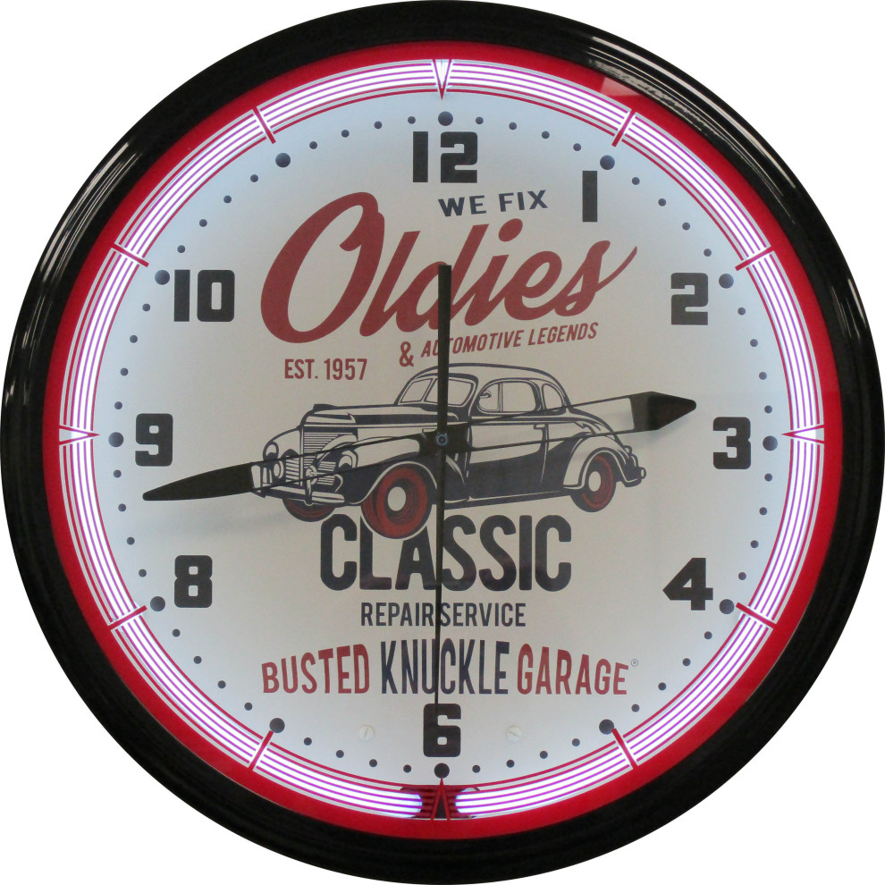 Neon Wall Clock, Vintage Automobile Contemporary Wall Clocks by