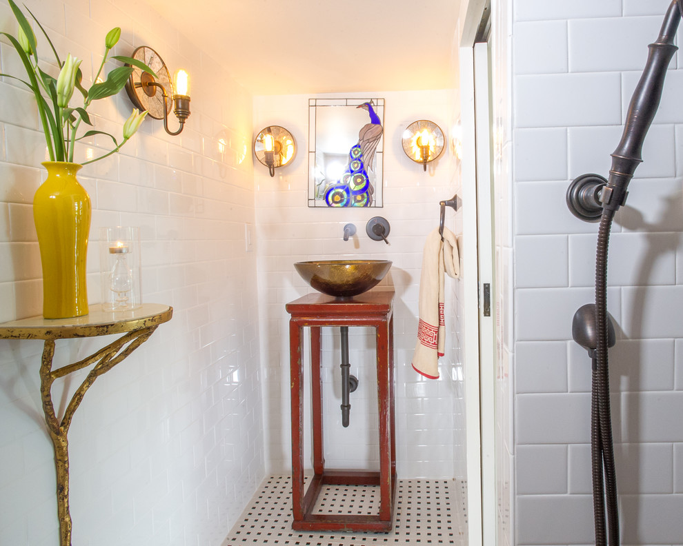 Inspiration for a small traditional 3/4 bathroom in Other with a vessel sink, an alcove shower and mosaic tile floors.