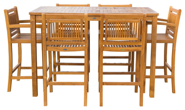 7-Piece Teak Wood Maldives Patio Bistro Bar Set, 63" Bar Table and Bar Chairs