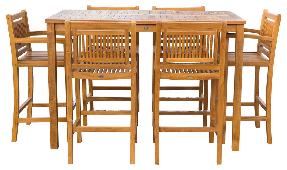 7-Piece Teak Wood Maldives Patio Bistro Bar Set, 63" Bar Table and Bar Chairs