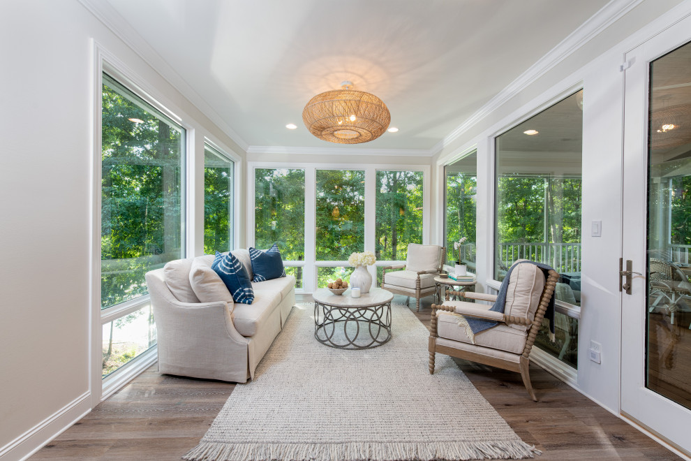 Mid-sized transitional laminate floor and gray floor sunroom photo in Other
