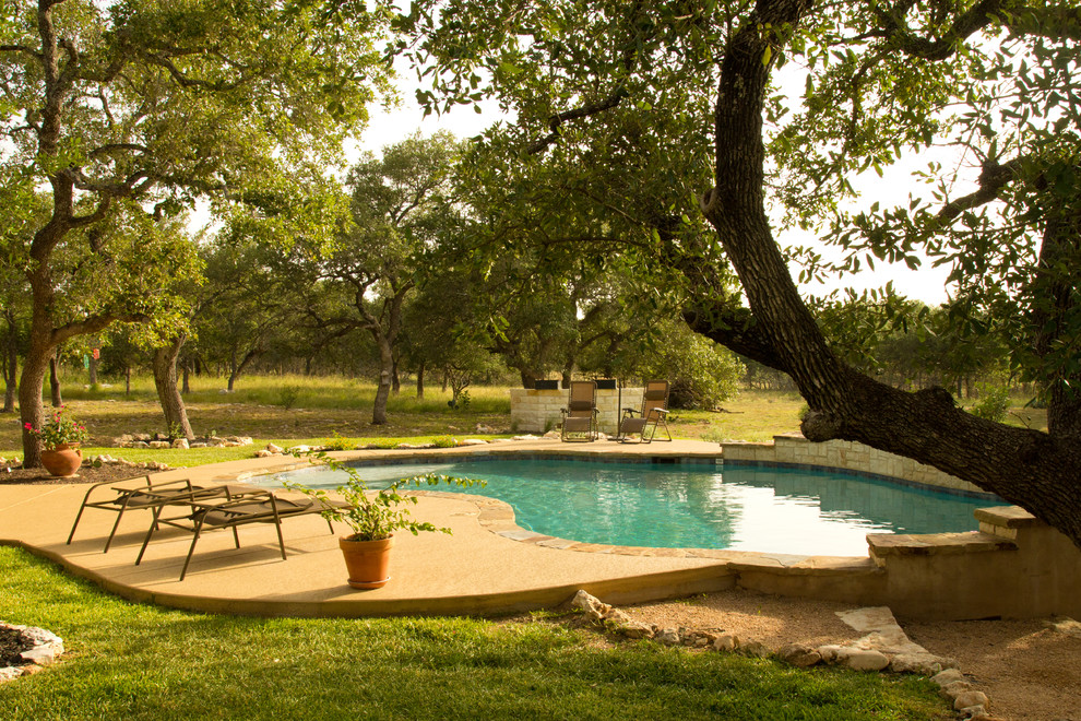 Mid-sized country backyard kidney-shaped pool in Austin with concrete slab.