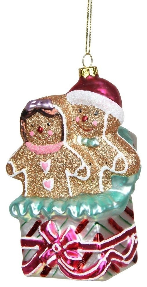 4.5" Glittered Gingerbread Man and Woman in Gift Box Glass Christmas Ornament
