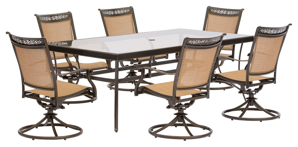 Fontana 7-Piece Dining Set, 6 Swivel Rockers, Extra Large Glass-top Dining Table
