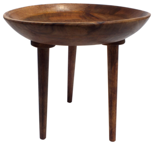Round Wooden Folding Table With Burn Finish, Brown Midcentury Side
