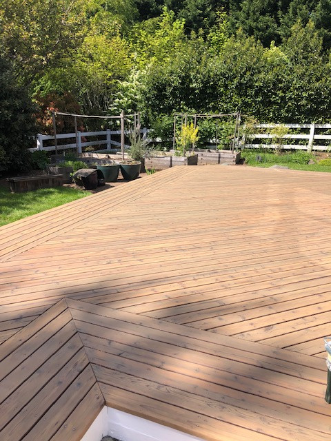 Example of a trendy deck design in Seattle