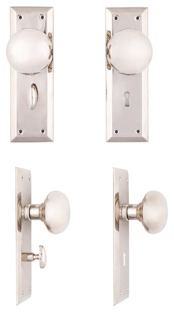 New York Doorknobs And Privacy Turn Back Plates, Polished Nickel