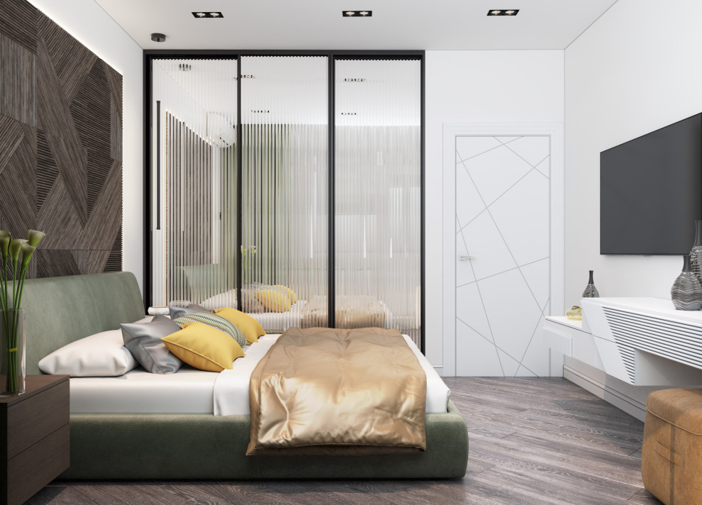 Diseño de dormitorio principal, televisión y blanco y madera actual pequeño con paredes blancas, suelo vinílico, suelo marrón y boiserie