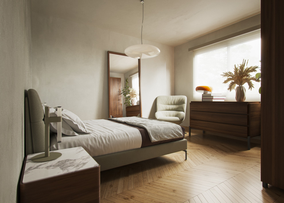 Ejemplo de dormitorio principal y blanco y madera minimalista con paredes beige y suelo de madera en tonos medios