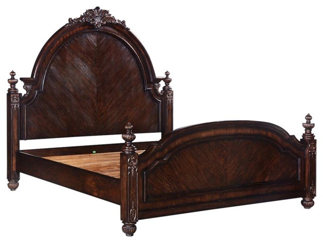 Bed Classical Queen Carved Solid Wood Distressed Dark Rustic Pecan