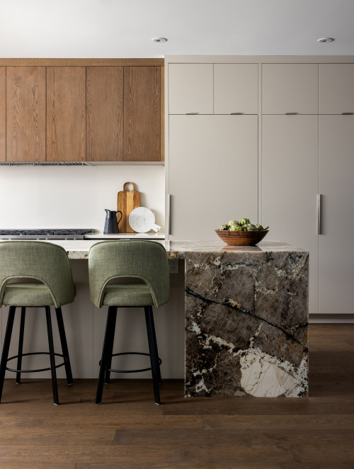 Infuse Color with Minimalist Kitchen Inspirations: Gray Granite Kitchen Island and Green Chairs