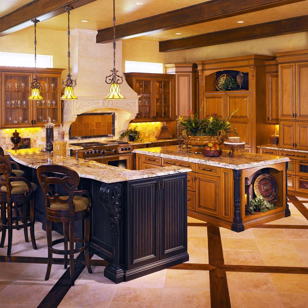 This is an example of a large traditional galley eat-in kitchen in Orlando with a drop-in sink, beaded inset cabinets, dark wood cabinets, granite benchtops, white splashback, stainless steel appliances, dark hardwood floors and with island.