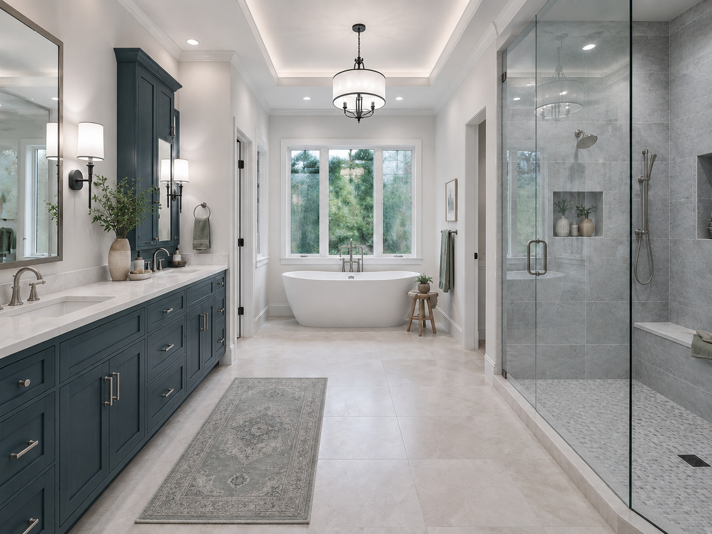 Blue-Green Vanity and Cool Stone Bathroom