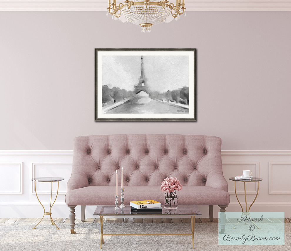 Small classic formal living room in New York with pink walls and light hardwood flooring.