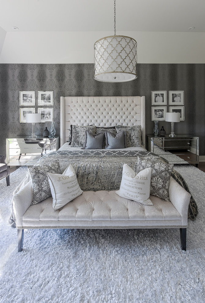 Mid-sized transitional master bedroom in Toronto with grey walls, carpet, a ribbon fireplace and white floor.