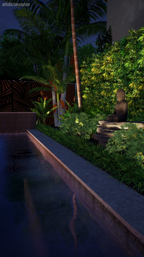 Modelo de piscina alargada de estilo zen pequeña rectangular en patio trasero con paisajismo de piscina y adoquines de piedra natural