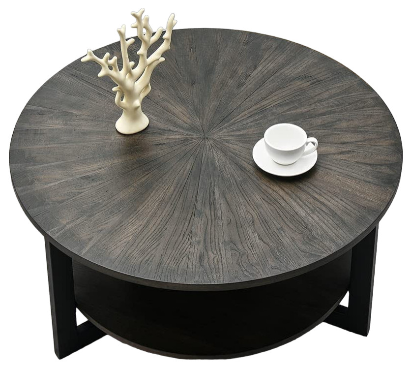 Farmhouse Coffee Table, 3 Legged Base With Lower Shelf & Round Top