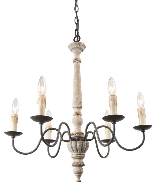 6-Light French Country Distressed Wood Chandelier, Rustic Pendant
