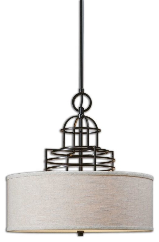 Uttermost Cupola Three Light Weathered Bronze Drum Shade Pendant