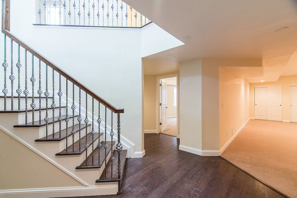 Huge transitional underground dark wood floor basement photo in Denver with beige walls and no fireplace