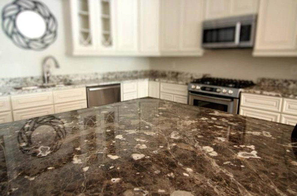 Kitchen - dark wood floor kitchen idea in Indianapolis with shaker cabinets, white cabinets, granite countertops, stainless steel appliances and an island