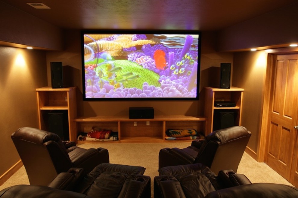 Design ideas for a small contemporary enclosed home theatre in Denver with brown walls and a wall-mounted tv.