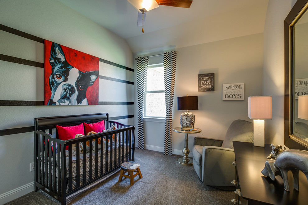 Photo of a mid-sized traditional gender-neutral nursery in Dallas with multi-coloured walls and carpet.