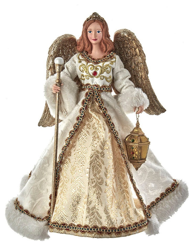 Kurt Adler 10" Gold and White Jeweled Angel Tree Topper, 10" Holiday
