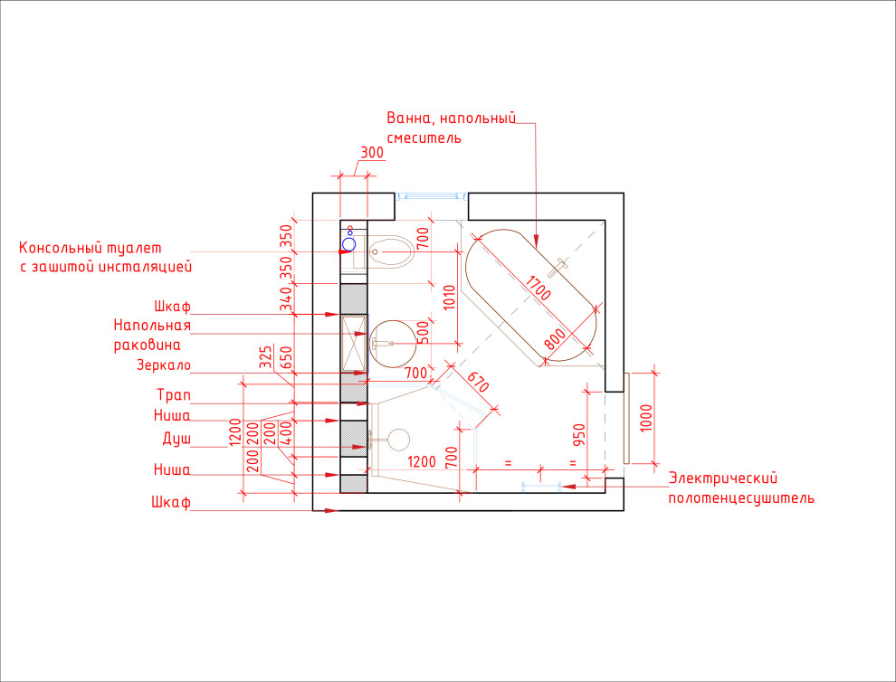 Проект ванной 9 м. кв