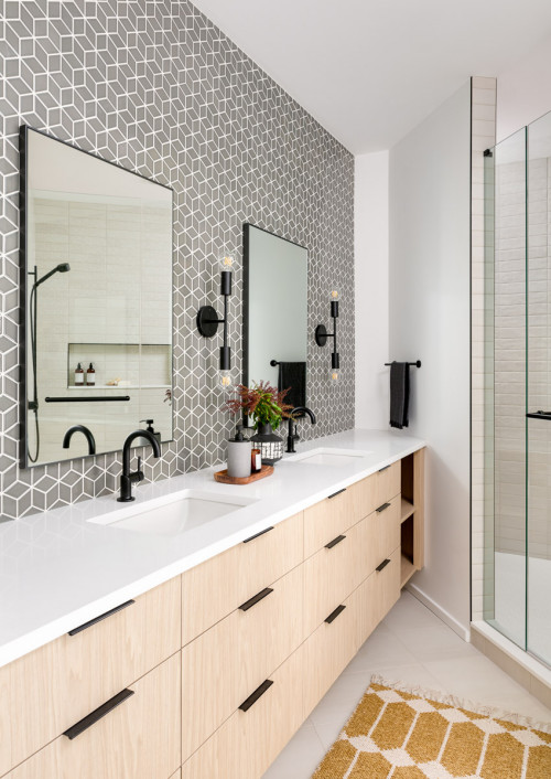 Modern Elegance: Bathroom Vanity Sink Ideas with White Countertops and Gray Backsplash Tiles