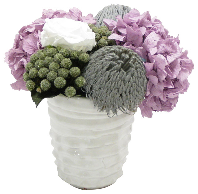 Bougainvillea Banksia Light Grey, Brunia Natural, Hydrangea Lavender Arrangement, White Vase
